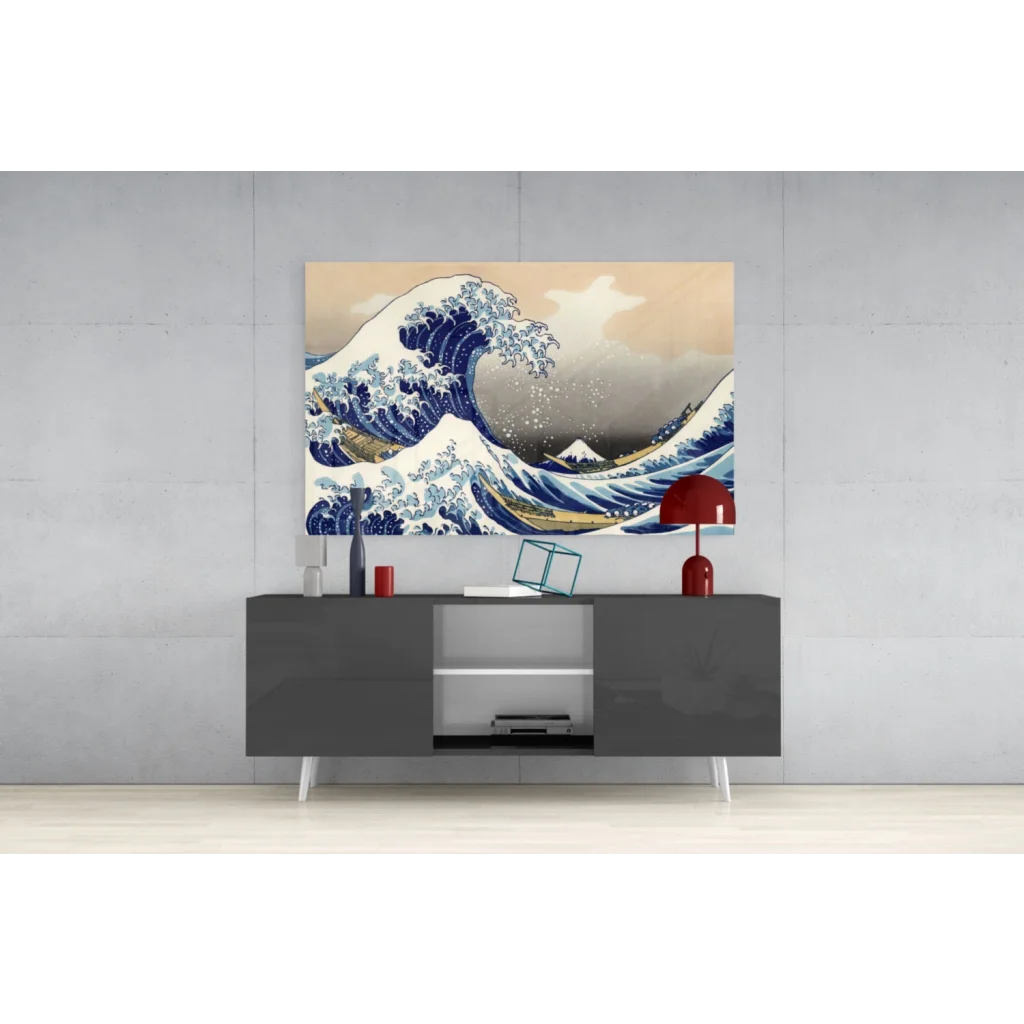 Vibrant Great Wave off Kanagawa glass wall art print with bold blue waves