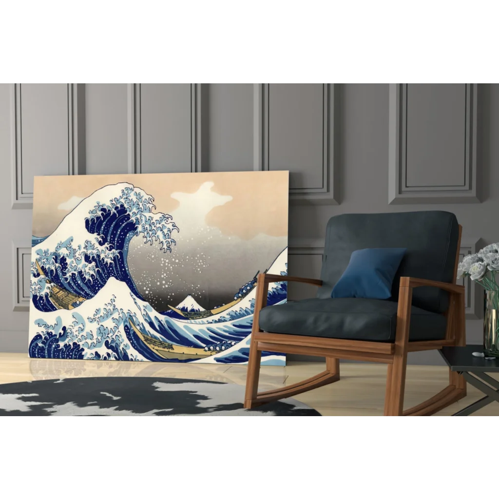Great Wave off Kanagawa on blue white glass wall art print