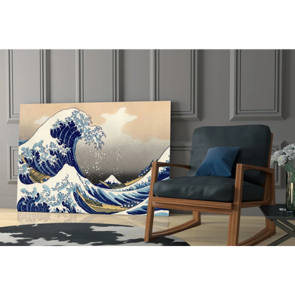 Great Wave off Kanagawa on blue white glass wall art print