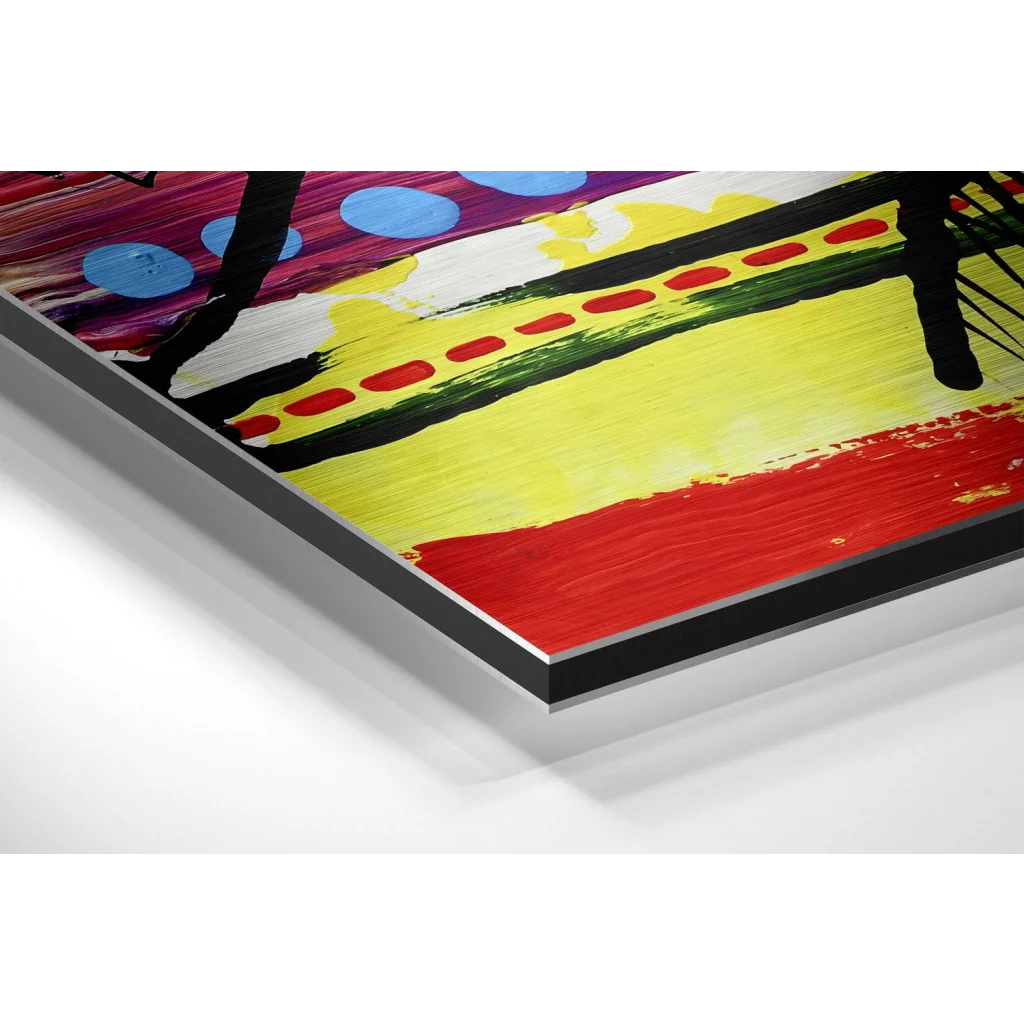 Vibrant abstract acrylic on brushed aluminium dibond canvas with bold colors