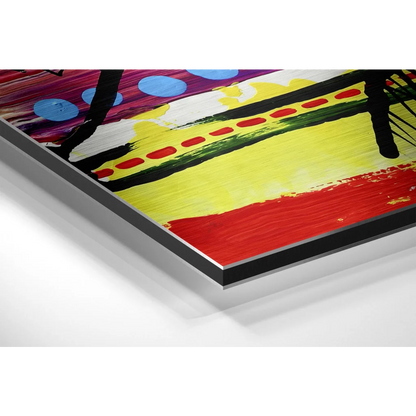 Vibrant abstract acrylic on brushed aluminium dibond canvas with bold colors