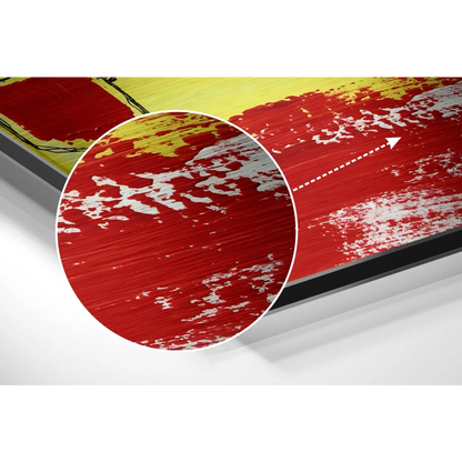 Vibrant red yellow abstract on brushed aluminium dibond panel