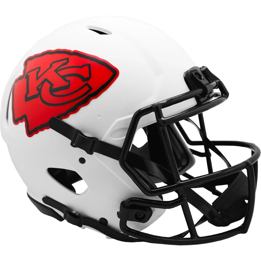 White Kansas City Chiefs lunar helmet with red KC logo and black faceguard