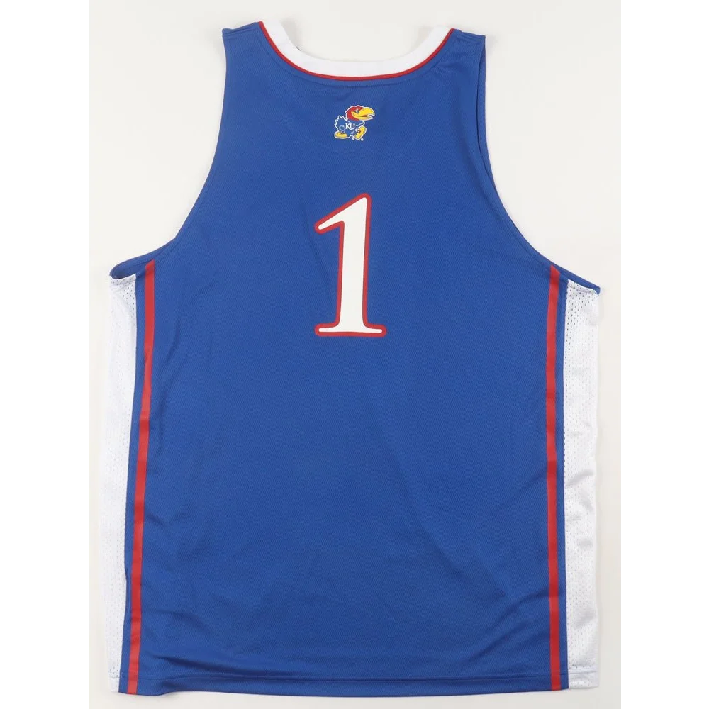 Blue Kansas Jayhawks team-signed jersey with white trim and number 1, perfect for fans