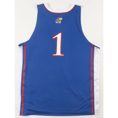 Blue Kansas Jayhawks team-signed jersey with white trim and number 1, perfect for fans