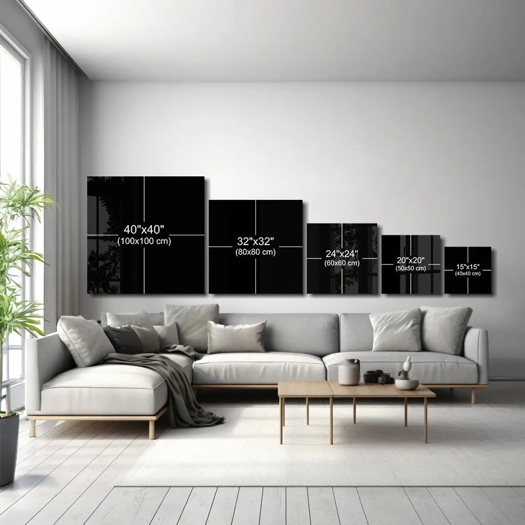 Black minimalist canvas prints with white grids, rainbow rose tempered glass art size comparison