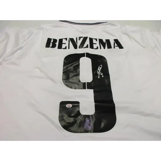 Karim Benzema signed autographed soccer jersey with number 9, signature, and crest