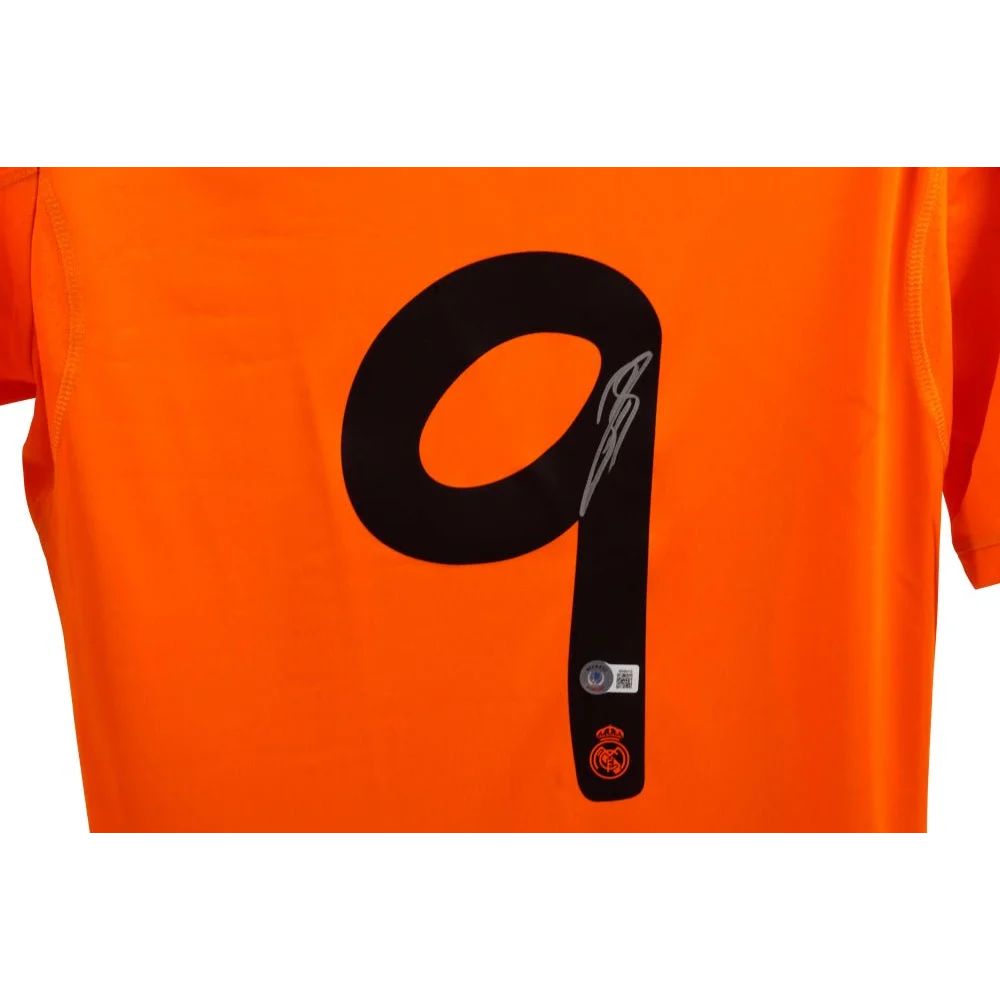 Orange Karim Benzema signed Real Madrid jersey with black number nine autograph