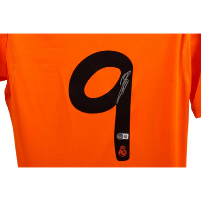 Orange Karim Benzema signed Real Madrid jersey with black number nine autograph