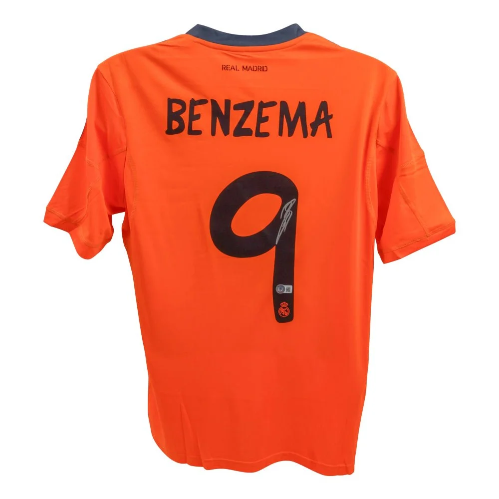 Orange Karim Benzema signed Real Madrid jersey with Benzema number 9 collectible