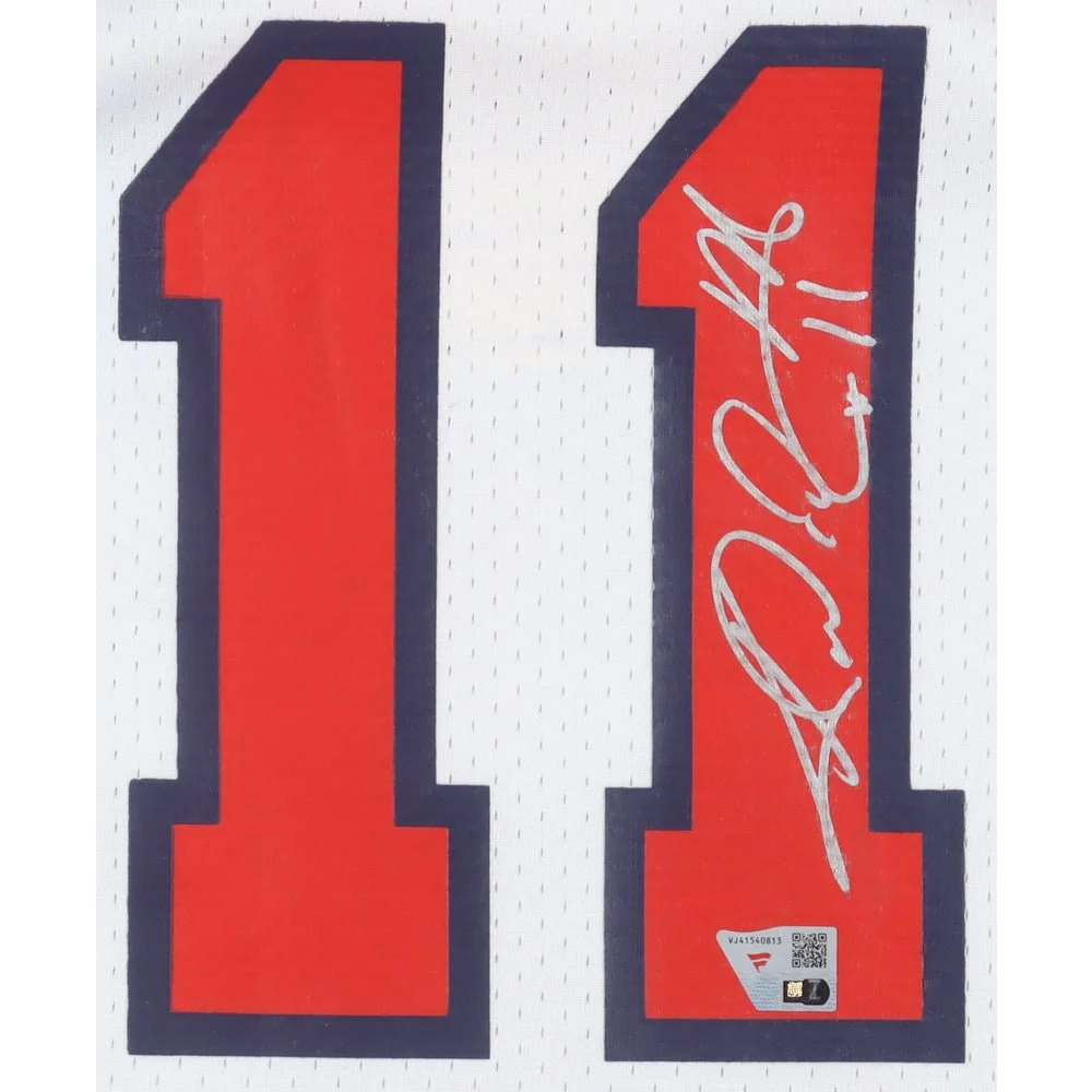 White Karl Malone Jazz jersey with red 11 number and Fanatics hologram autograph