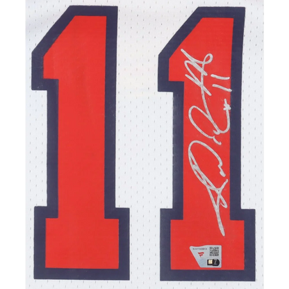 White Karl Malone Jazz jersey with red 11 number and Fanatics hologram autograph