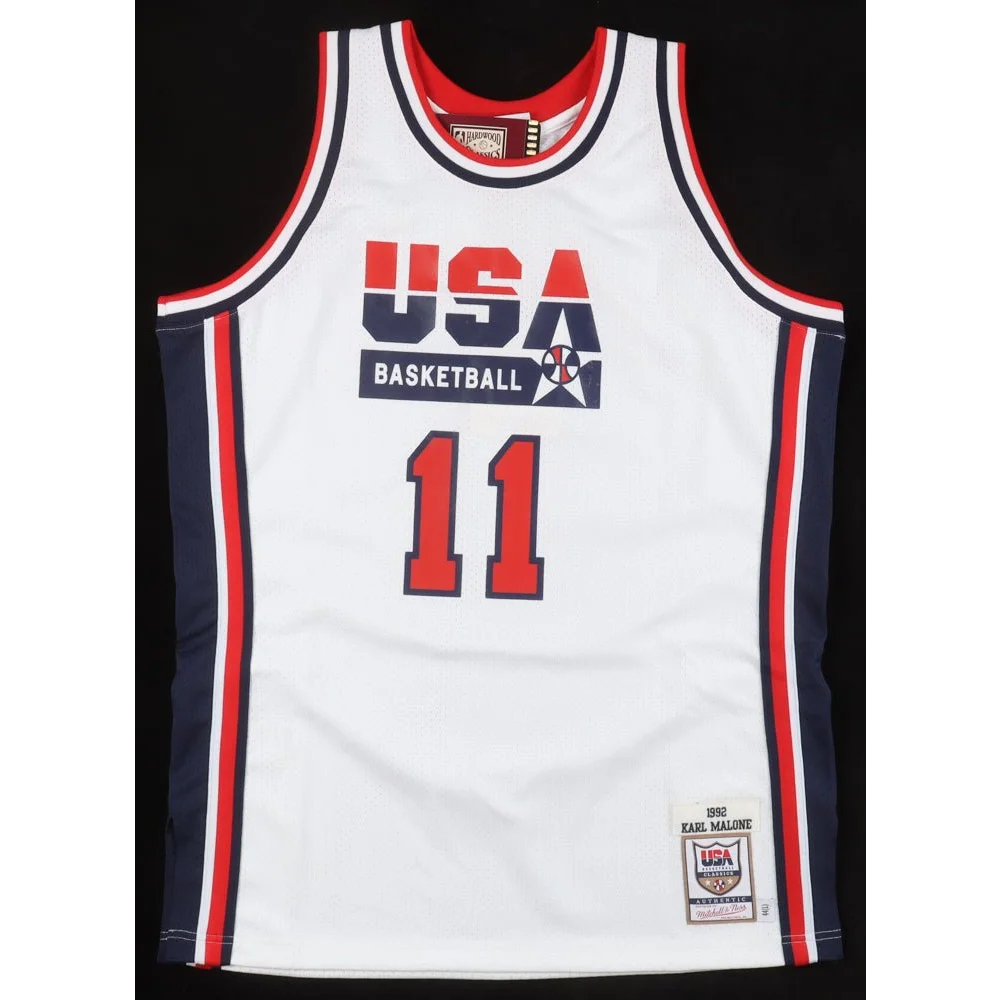 White Karl Malone Jazz jersey with red and blue trim and Fanatics hologram authentication