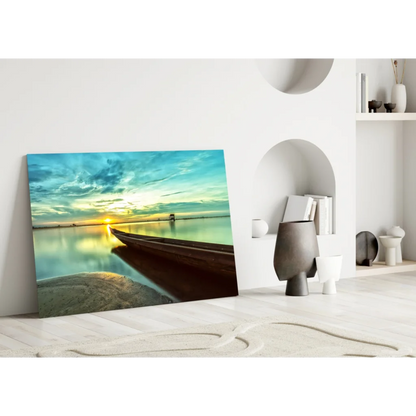 Serene sunset boat glass wall art canvas print in teal and gold