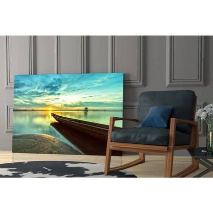 Serene sunset boat glass wall art canvas print in teal and gold