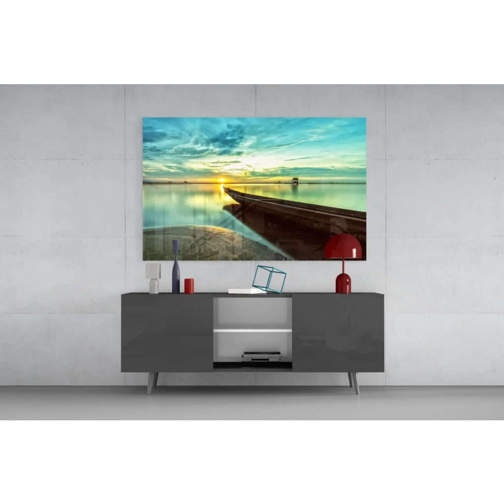 Serene sunset boat glass wall art canvas print in teal and gold hues