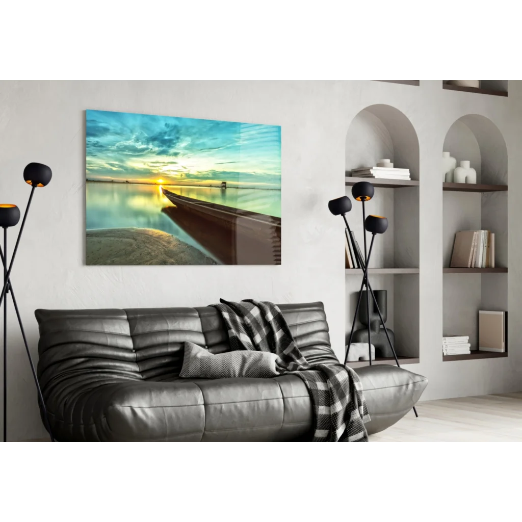 Serene sunset boat on glass wall art canvas in teal and gold