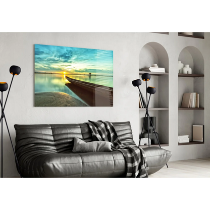 Serene sunset boat on glass wall art canvas in teal and gold