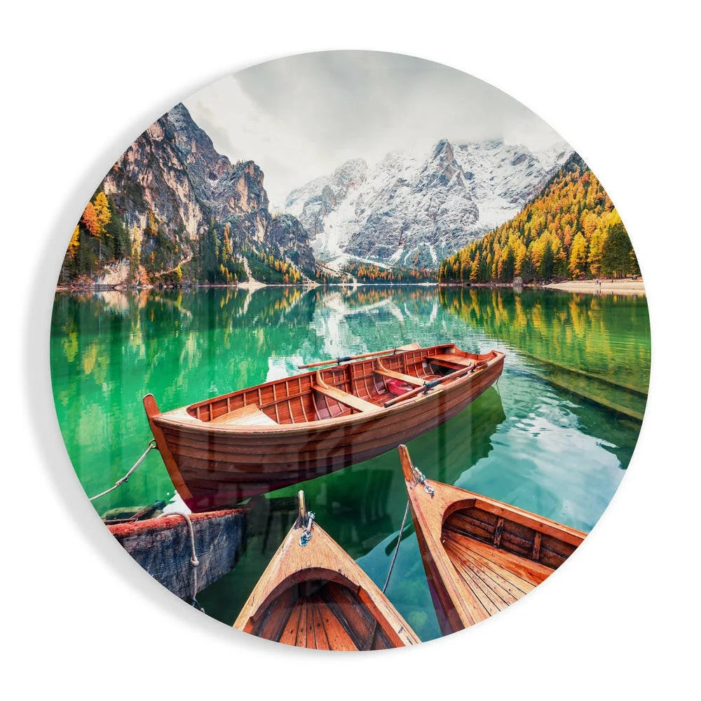 Stunning tempered glass art of serene mountain lake with rowboats and autumn reflections