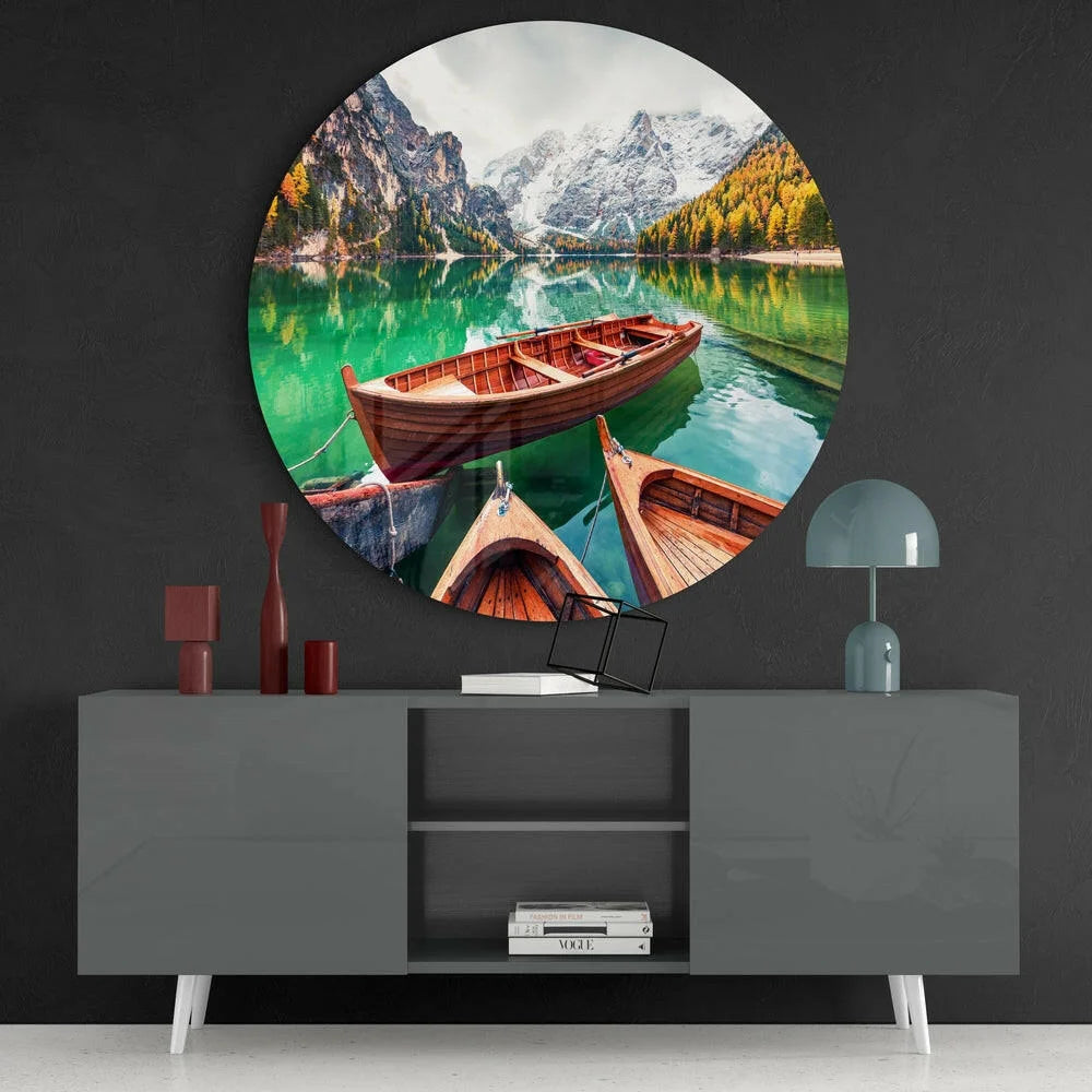 Vibrant tempered glass art of rowboats on emerald lake with mountains, 24x36 inches