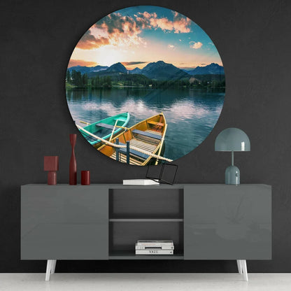 Serene lakeside sunset with teal and yellow boats in tempered glass art circle