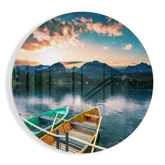 Serene sunset lakeside rowboats in vibrant colors on tempered glass art circle