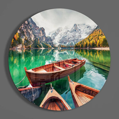 Stunning mountain lake glass art in tempered glass, serene scene with reflections