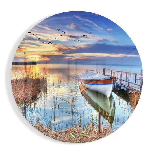 Stunning lakeside sunset tempered glass art with white wooden boat