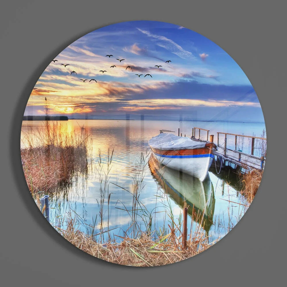 Stunning lakeside sunset tempered glass art with boat scene