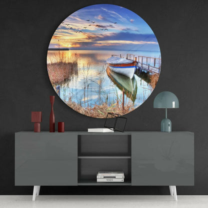Stunning lakeside sunset tempered glass art with boat and birds