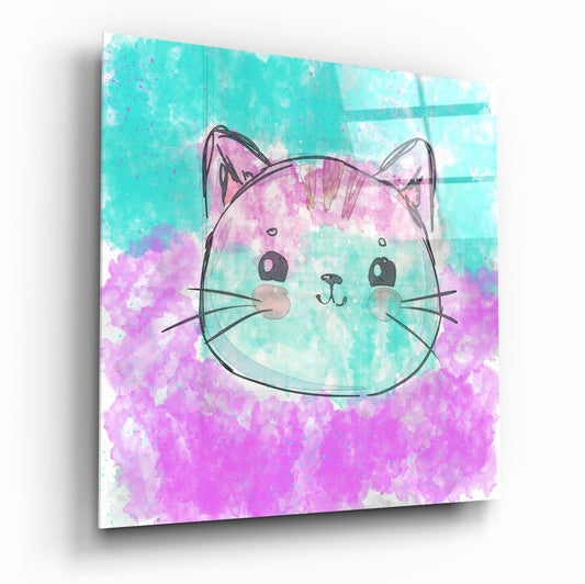 Glass wall art panel featuring an illustrated cat face with pink and turquoise watercolor background, displayed at an angle.