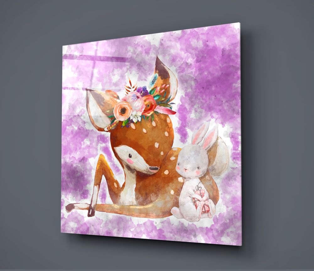 Glass wall art displaying a brown gazelle with floral crown and white rabbit against purple watercolor background, angled perspective view.