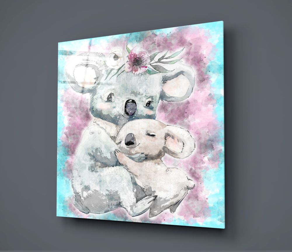 Glass wall art displaying a watercolor mother koala holding a baby koala with pink flowers and turquoise background.