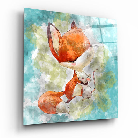 Glass wall art featuring a watercolor-style illustration of an orange fox holding a balloon with a small mouse, against a turquoise and yellow cloudy background.