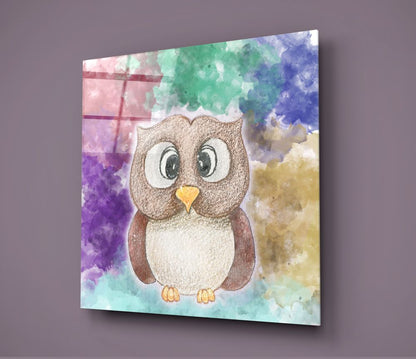 Cute Cartoon Owl Watercolor Glass Wall Art