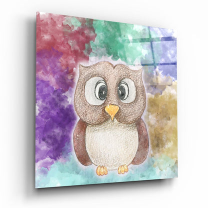 Cute Cartoon Owl Watercolor Glass Wall Art