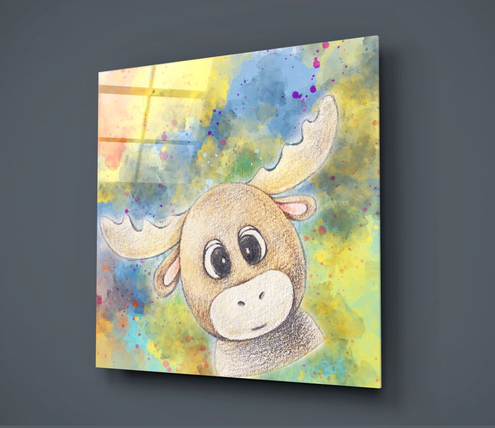 Cheerful Cartoon Moose Kids Glass Wall Art