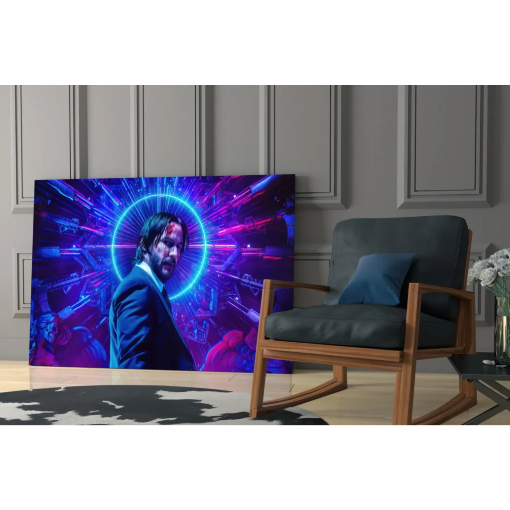 Neon futuristic glass wall art canvas print of suited man in glowing blue purple vibes