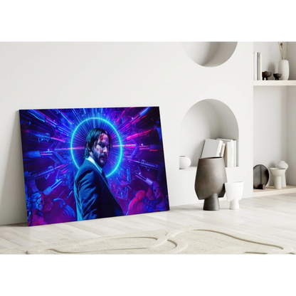 Neon futuristic glass wall art canvas print in vibrant blue magenta tones