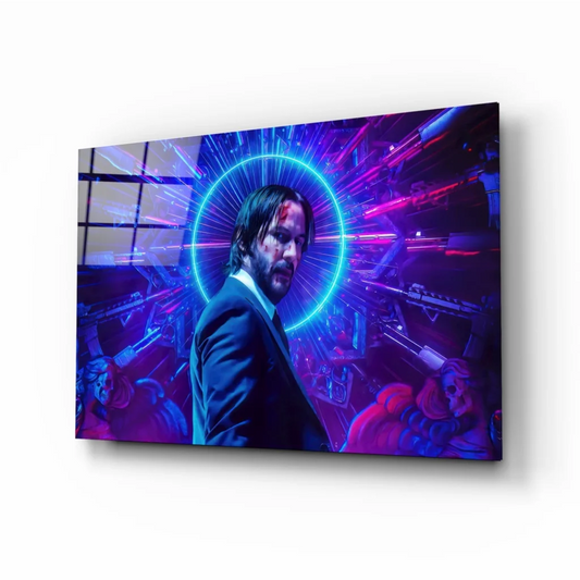 Vibrant neon glass wall art canvas print of suited man amid blue purple energy beams