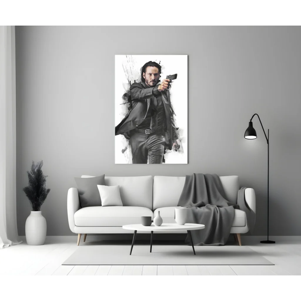 John Wick glass wall art: black-and-white tactical man with pistol on canvas