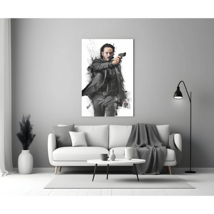 John Wick glass wall art: black-and-white tactical man with pistol on canvas