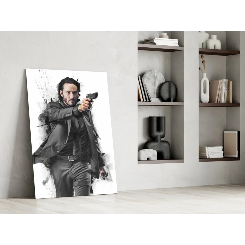 John Wick black-and-white canvas wall art with gun and explosive action effects
