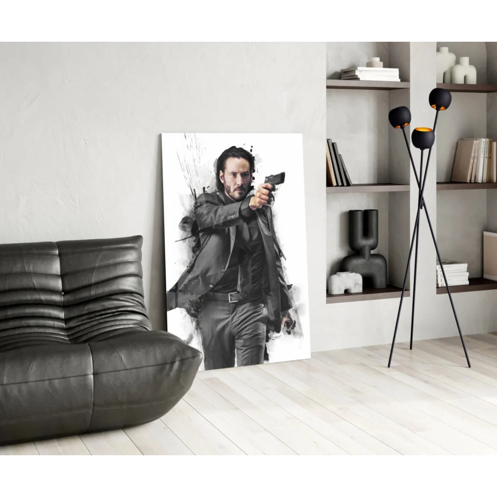 Keanu Reeves as John Wick in explosive action pose on black-and-white canvas wall art