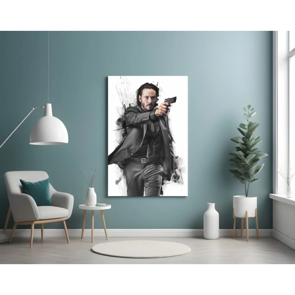 John Wick canvas wall art in dynamic black-and-white action pose with ink effects