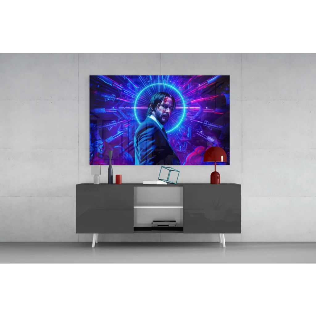 Vibrant neon blue purple man in suit glass wall art canvas print