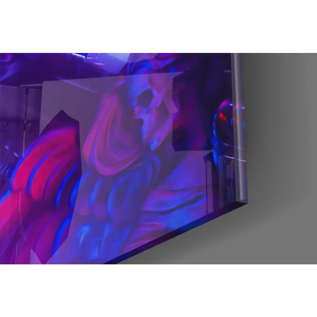 Neon Futuristic glass wall art canvas print on sleek curved TV with vibrant purple pink blue swirls