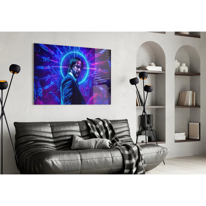 Neon futuristic glass wall art of suited man with glowing halo