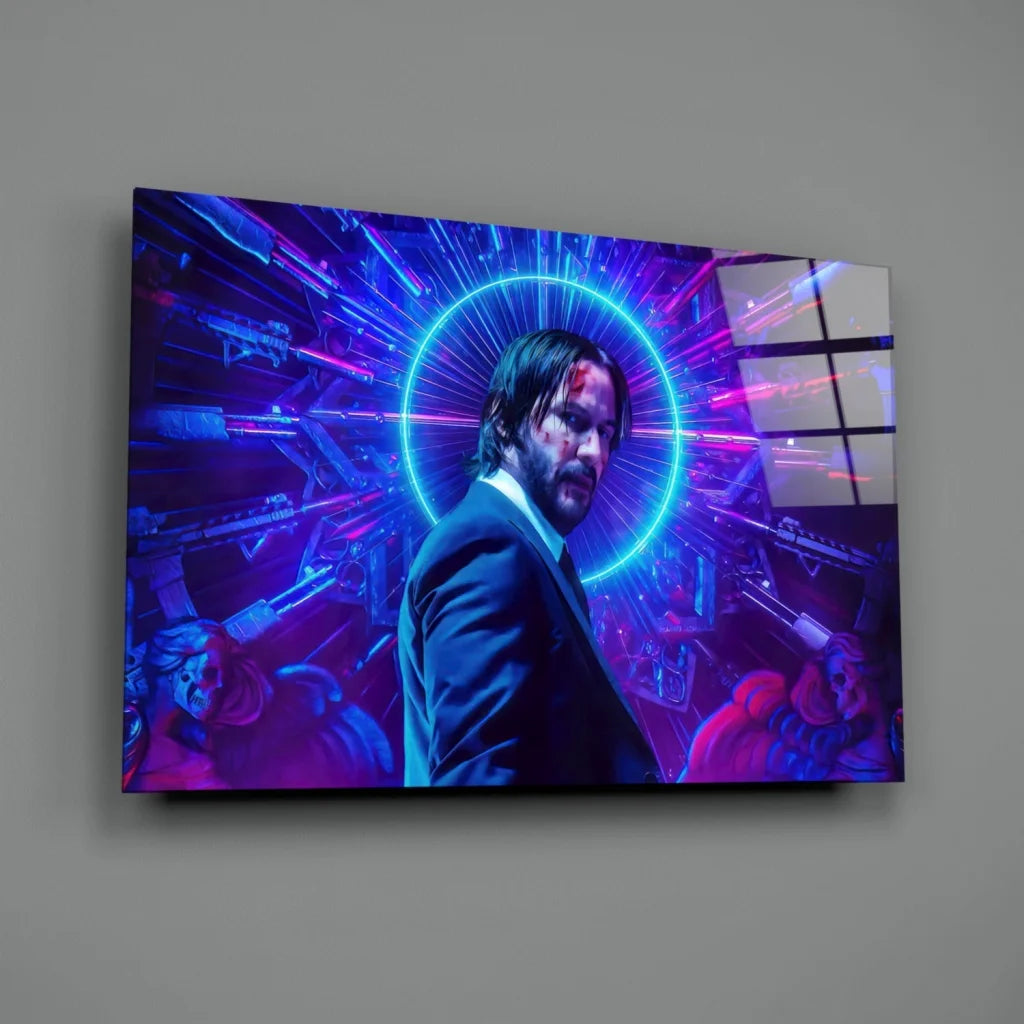 Neon futuristic glass wall art of suited man in vibrant blue purple digital scene