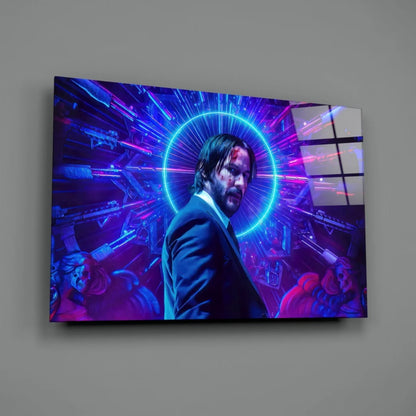 Neon futuristic glass wall art of suited man in vibrant blue purple digital scene
